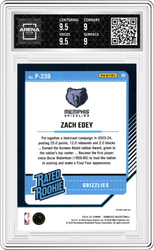 Zach Edey from the 2024-25 Panini Donruss set featuring a Red Cracked Ice parallel graded by Arena Club and given an overall grade of 9.5.
