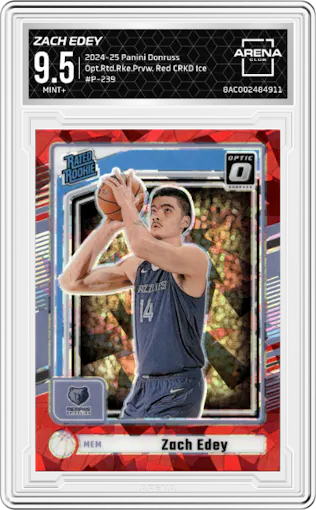 Zach Edey from the 2024-25 Panini Donruss set featuring a Red Cracked Ice parallel graded by Arena Club and given an overall grade of 9.5.