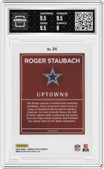 Roger Staubach	 from the 2024 Donruss Optic set graded by Arena Club and given an overall grade of 8.5.