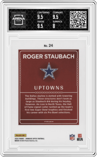 Roger Staubach	 from the 2024 Donruss Optic set graded by Arena Club and given an overall grade of 8.5.