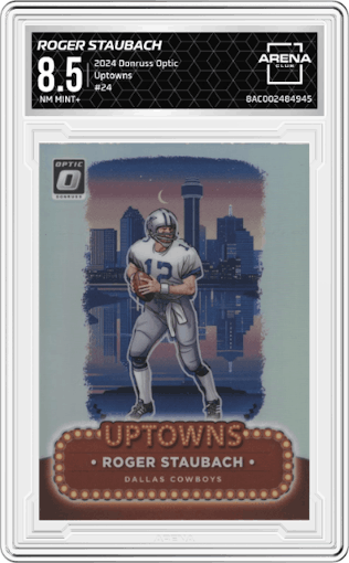 Roger Staubach	 from the 2024 Donruss Optic set graded by Arena Club and given an overall grade of 8.5.