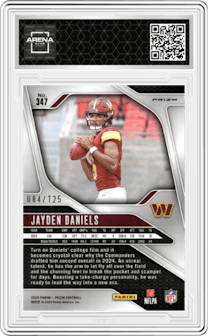 Jayden Daniels from the 2024 Panini Prizm set featuring a Purple Prizm parallel graded by Arena Club.
