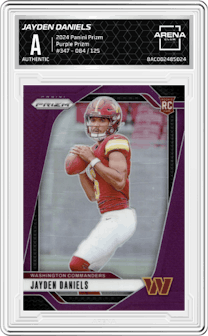 Jayden Daniels from the 2024 Panini Prizm set featuring a Purple Prizm parallel graded by Arena Club.