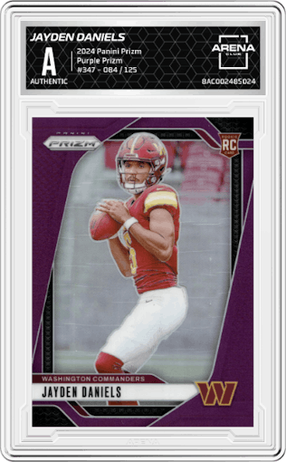 Jayden Daniels from the 2024 Panini Prizm set featuring a Purple Prizm parallel graded by Arena Club.