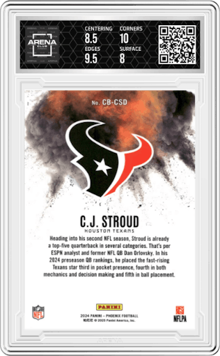 C.J. Stroud from the 2024 Panini Phoenix set graded by Arena Club and given an overall grade of 8.5.