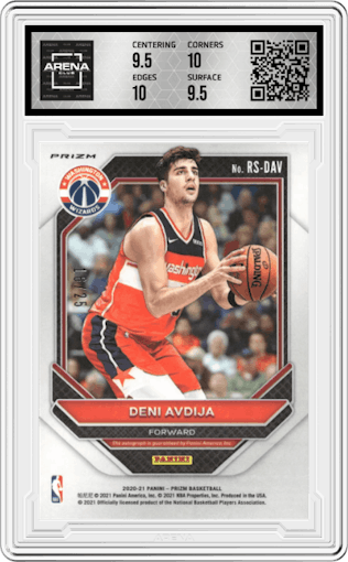 Deni Avdija from the 2020-21 Panini Prizm set featuring a Mojo parallel graded by Arena Club and given an overall grade of 10.
