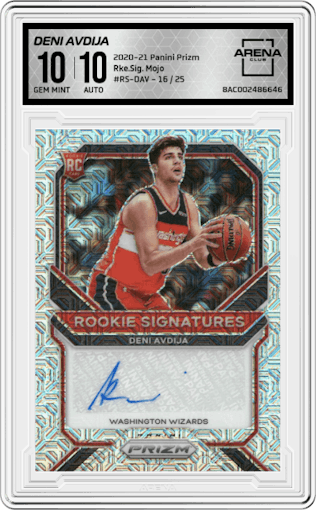 Deni Avdija from the 2020-21 Panini Prizm set featuring a Mojo parallel graded by Arena Club and given an overall grade of 10.