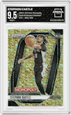 Stephon Castle from the 2024-25 Panini Prizm Monopoly set featuring a  Gold Millionaire Shimmer Prizms parallel graded by Arena Club and given an overall grade of 9.5.