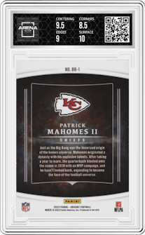 Patrick Mahomes II from the 2023 Panini Origins set graded by Arena Club and given an overall grade of 9.