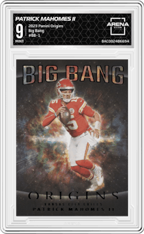 Patrick Mahomes II from the 2023 Panini Origins set graded by Arena Club and given an overall grade of 9.