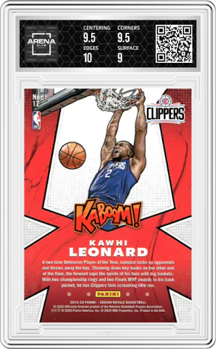 Kawhi Leonard from the 2019-20 Panini Crown Royale set graded by Arena Club and given an overall grade of 9.5.