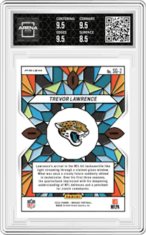 Trevor Lawrence from the 2024 Panini Mosaic set graded by Arena Club and given an overall grade of 9.