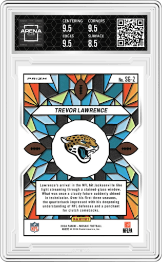 Trevor Lawrence from the 2024 Panini Mosaic set graded by Arena Club and given an overall grade of 9.