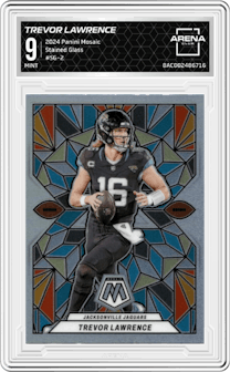 Trevor Lawrence from the 2024 Panini Mosaic set graded by Arena Club and given an overall grade of 9.