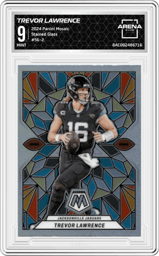 Trevor Lawrence from the 2024 Panini Mosaic set graded by Arena Club and given an overall grade of 9.