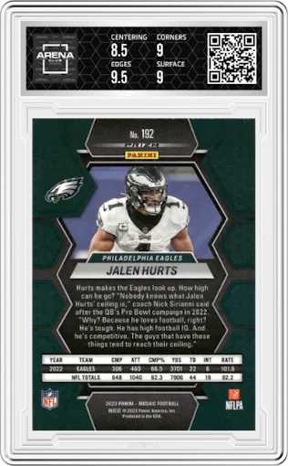 Jalen Hurts from the 2023 Panini Mosaic set featuring a Honeycomb parallel graded by Arena Club and given an overall grade of 9.