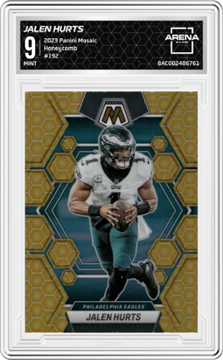 Jalen Hurts from the 2023 Panini Mosaic set featuring a Honeycomb parallel graded by Arena Club and given an overall grade of 9.