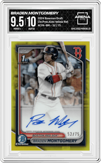 Braden Montgomery from the 2024 Bowman Draft set featuring a Yellow Refractor parallel graded by Arena Club and given an overall grade of 9.5.