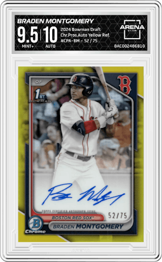 Braden Montgomery from the 2024 Bowman Draft set featuring a Yellow Refractor parallel graded by Arena Club and given an overall grade of 9.5.