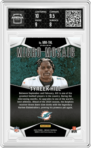 Tyreek Hill from the 2024 Panini Mosaic set graded by Arena Club and given an overall grade of 8.5.