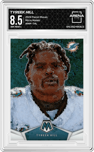 Tyreek Hill from the 2024 Panini Mosaic set graded by Arena Club and given an overall grade of 8.5.
