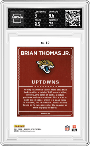 Brian Thomas Jr. from the 2024 Donruss Optic set graded by Arena Club and given an overall grade of 8.