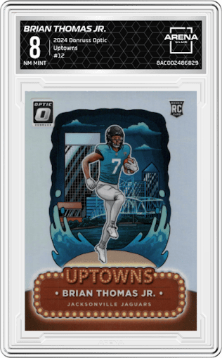 Brian Thomas Jr. from the 2024 Donruss Optic set graded by Arena Club and given an overall grade of 8.