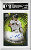 Dustin Pedroia from the 2022 Topps Chrome Black set featuring a Gold Mini-Diamond Refractor parallel graded by Arena Club and given an overall grade of 9.5.
