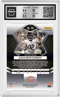 David Montgomery from the 2022 Panini Mosaic set featuring a Honeycomb parallel graded by Arena Club and given an overall grade of 10.