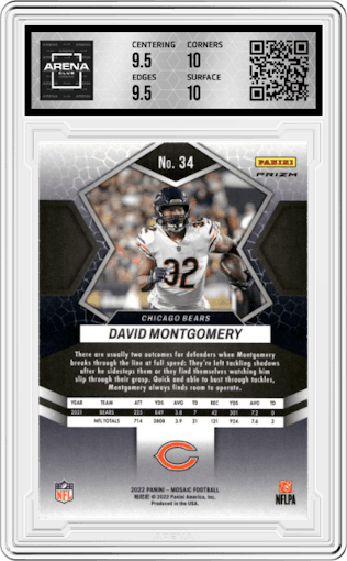 David Montgomery from the 2022 Panini Mosaic set featuring a Honeycomb parallel graded by Arena Club and given an overall grade of 10.