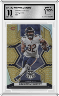 David Montgomery from the 2022 Panini Mosaic set featuring a Honeycomb parallel graded by Arena Club and given an overall grade of 10.