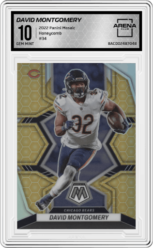 David Montgomery from the 2022 Panini Mosaic set featuring a Honeycomb parallel graded by Arena Club and given an overall grade of 10.