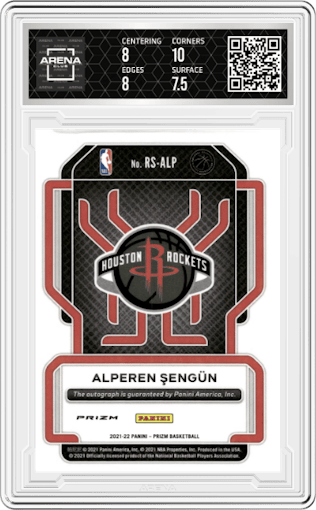 Alperen Sengun from the 2021-22 Panini Prizm  set featuring a Choice Prizm parallel graded by Arena Club and given an overall grade of 8.