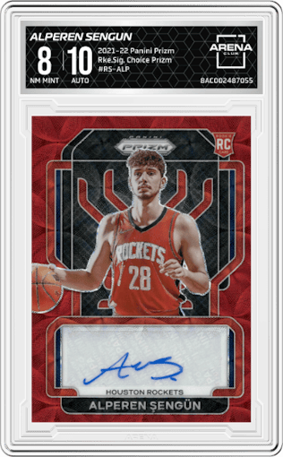 Alperen Sengun from the 2021-22 Panini Prizm  set featuring a Choice Prizm parallel graded by Arena Club and given an overall grade of 8.