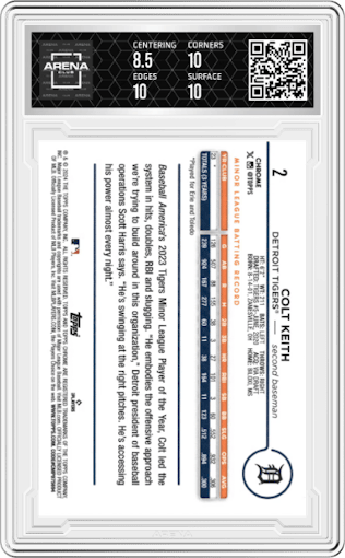 Colt Keith from the 2024 Topps Chrome set featuring a Orange Raywave Refractor parallel graded by Arena Club and given an overall grade of 9.