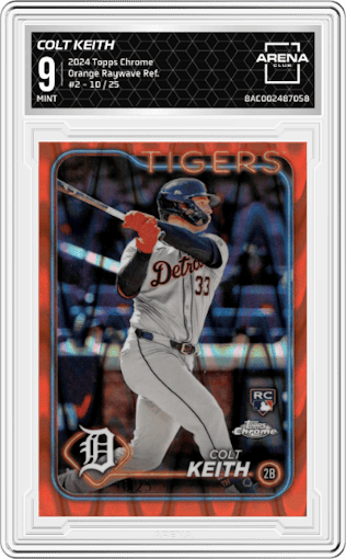 Colt Keith from the 2024 Topps Chrome set featuring a Orange Raywave Refractor parallel graded by Arena Club and given an overall grade of 9.