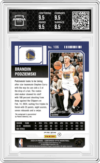 Brandin Podziemski from the 2023-24 Panini Contenders Optic set featuring a Green parallel graded by Arena Club and given an overall grade of 9.