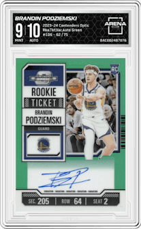Brandin Podziemski from the 2023-24 Panini Contenders Optic set featuring a Green parallel graded by Arena Club and given an overall grade of 9.