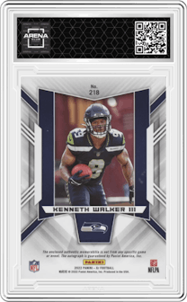 Kenneth Walker III from the 2022 Panini XR set featuring a Green parallel graded by Arena Club and given an overall grade of 0.