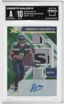 Kenneth Walker III from the 2022 Panini XR set featuring a Green parallel graded by Arena Club and given an overall grade of 0.