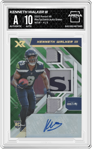 Kenneth Walker III from the 2022 Panini XR set featuring a Green parallel graded by Arena Club.