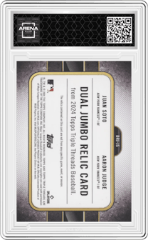 Aaron Judge/Juan Soto from the 2024 Topps Triple Threads set featuring a Emerald parallel graded by Arena Club.