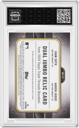Aaron Judge/Juan Soto from the 2024 Topps Triple Threads set featuring a Emerald parallel graded by Arena Club.