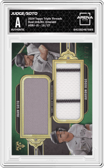 Aaron Judge/Juan Soto from the 2024 Topps Triple Threads set featuring a Emerald parallel graded by Arena Club.