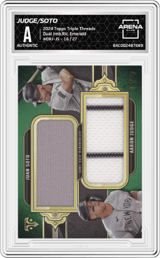 Aaron Judge/Juan Soto from the 2024 Topps Triple Threads set featuring a Emerald parallel graded by Arena Club.