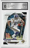 Randy Moss from the 2024 Panini Prizm set featuring a White Sparkle parallel graded by Arena Club and given an overall grade of 10.