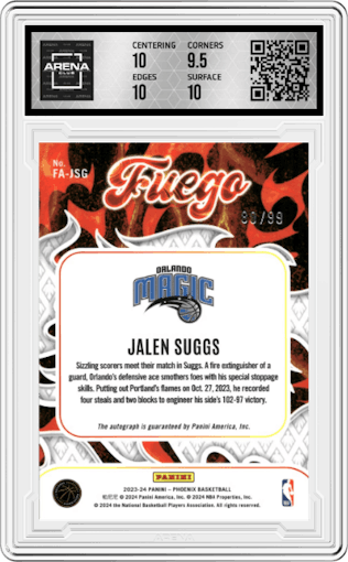 Jalen Suggs from the 2023-24 Panini Phoenix set graded by Arena Club and given an overall grade of 10.