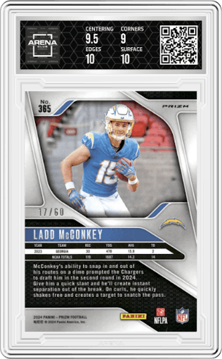 Ladd McConkey from the 2024 Panini Prizm set featuring a Orange Wave parallel graded by Arena Club and given an overall grade of 9.5.