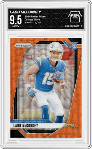 Ladd McConkey from the 2024 Panini Prizm set featuring a Orange Wave parallel graded by Arena Club and given an overall grade of 9.5.