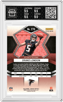 Drake London from the 2022 Panini Mosaic set featuring a White Sparkle parallel graded by Arena Club and given an overall grade of 9.5.